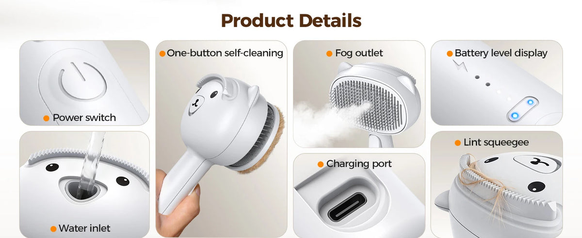 Self-cleaning shedding cat brush by I YAN with silicone scraper, USB rechargeable dog and cat grooming brush in white.