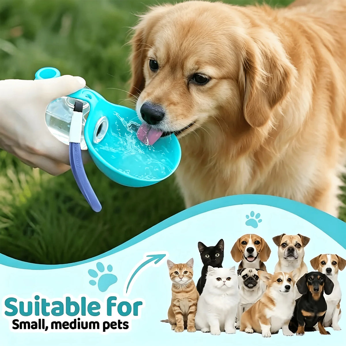 Portable I YAN pet water bottle with detachable bowl and wrist strap, leak-proof travel dispenser for pets on the go.