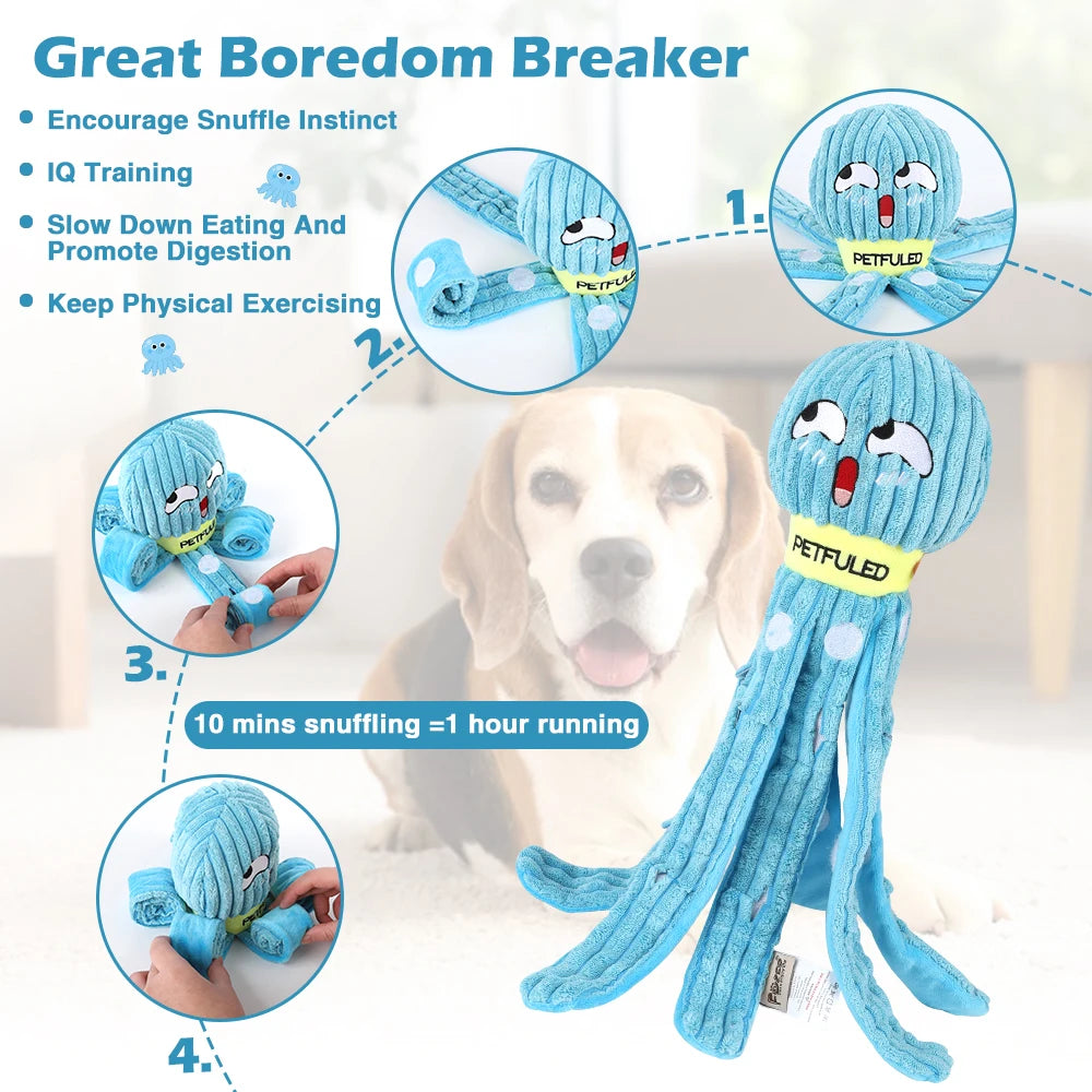 I YAN dog snuffle octopus plush toy, interactive puzzle and slow feeder chew toy designed for dogs to play and chew.