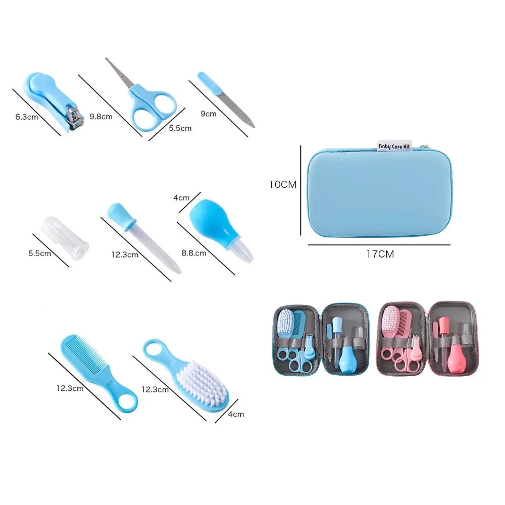 I YAN 8-piece baby healthcare grooming kit including hairbrush, comb, nail clippers, scissors, toothbrush, and nasal aspirator.