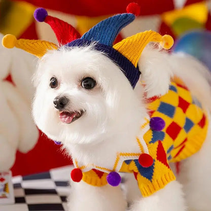 Clown Dog Costume with Hat – Funny Holiday Pet Sweater Outfit