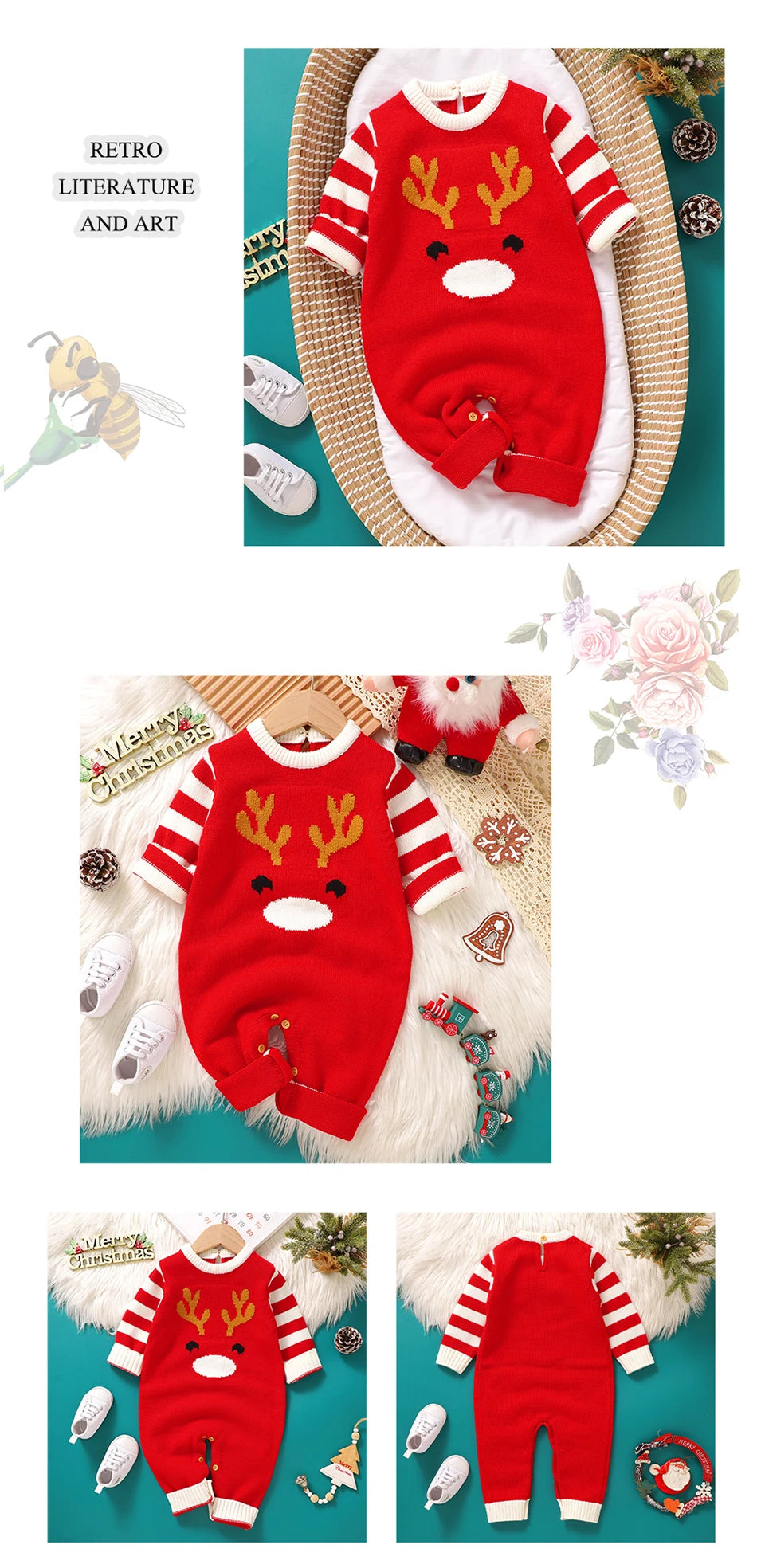 Baby Unisex Rompers Winter Christmas Reindeer Knitted Newborn Boys Girls Long Sleeve Jumpsuits One Pieces Infant Playsuits 0-18m