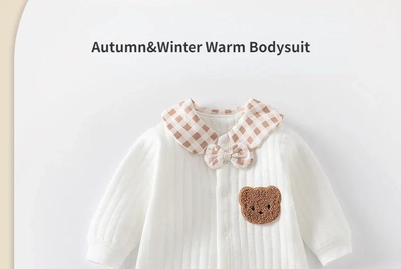 Newborn Baby Jumpsuit Clothes Winter Thickened Romper  Boys Girls Cute Embroidery Bear Bodysuit Autumn Clothing 0-1-3-6M