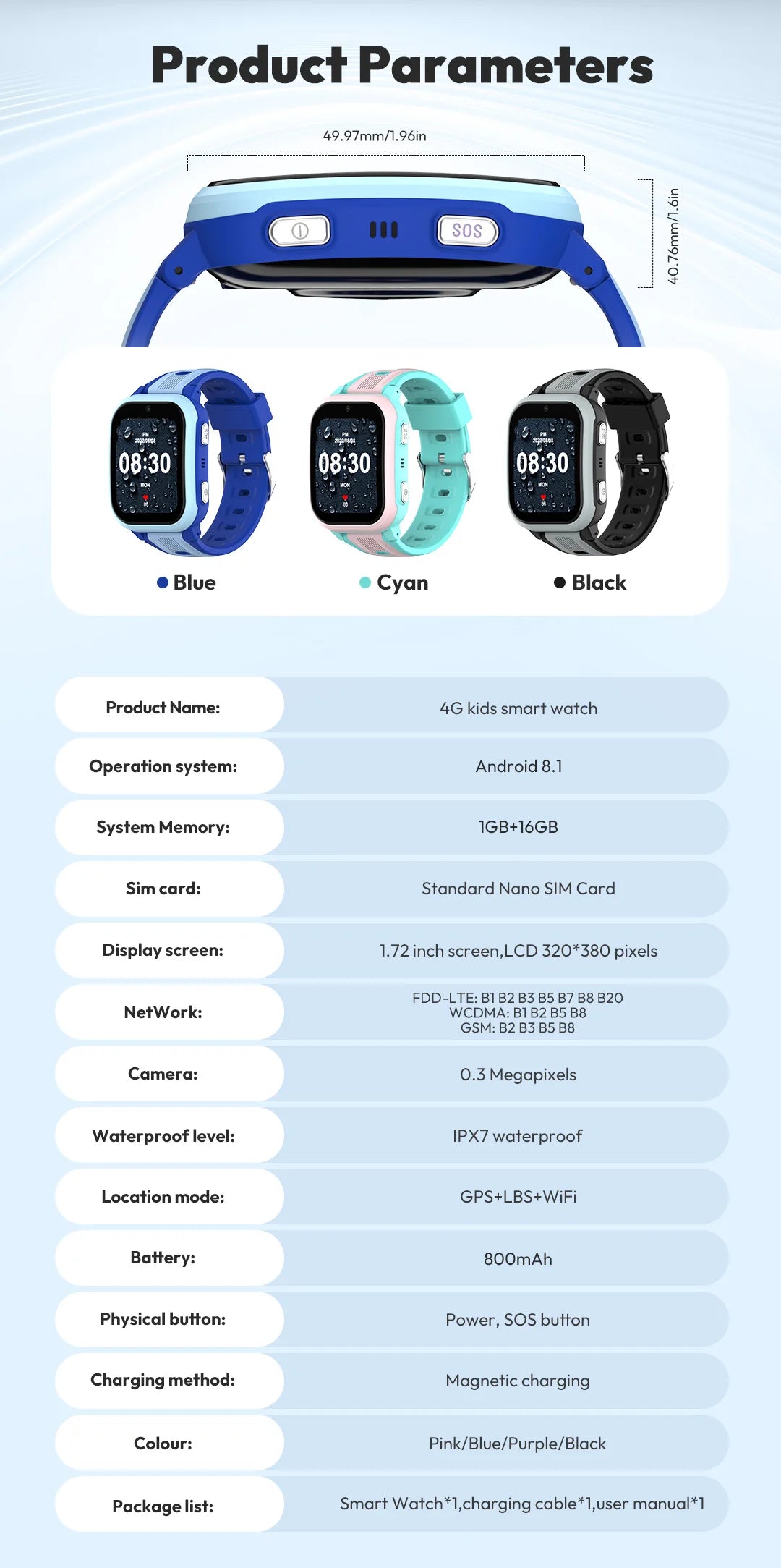 Wonlex 4G Kids Smartwatch with dual cameras, GPS, and large memory, designed for children’s real-time location and video calls.