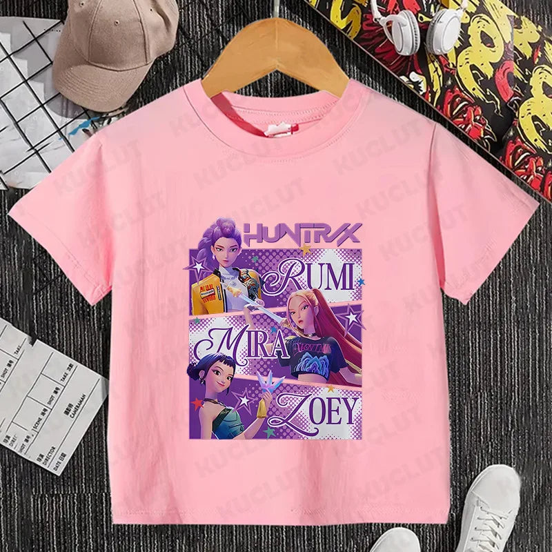 Kawaii K-POP Demon Hunters Kids T-shirt Girl Boy Clothes Children Clothing Fashion Tops Cotton Sweet Gift Short Sleeve Costumes