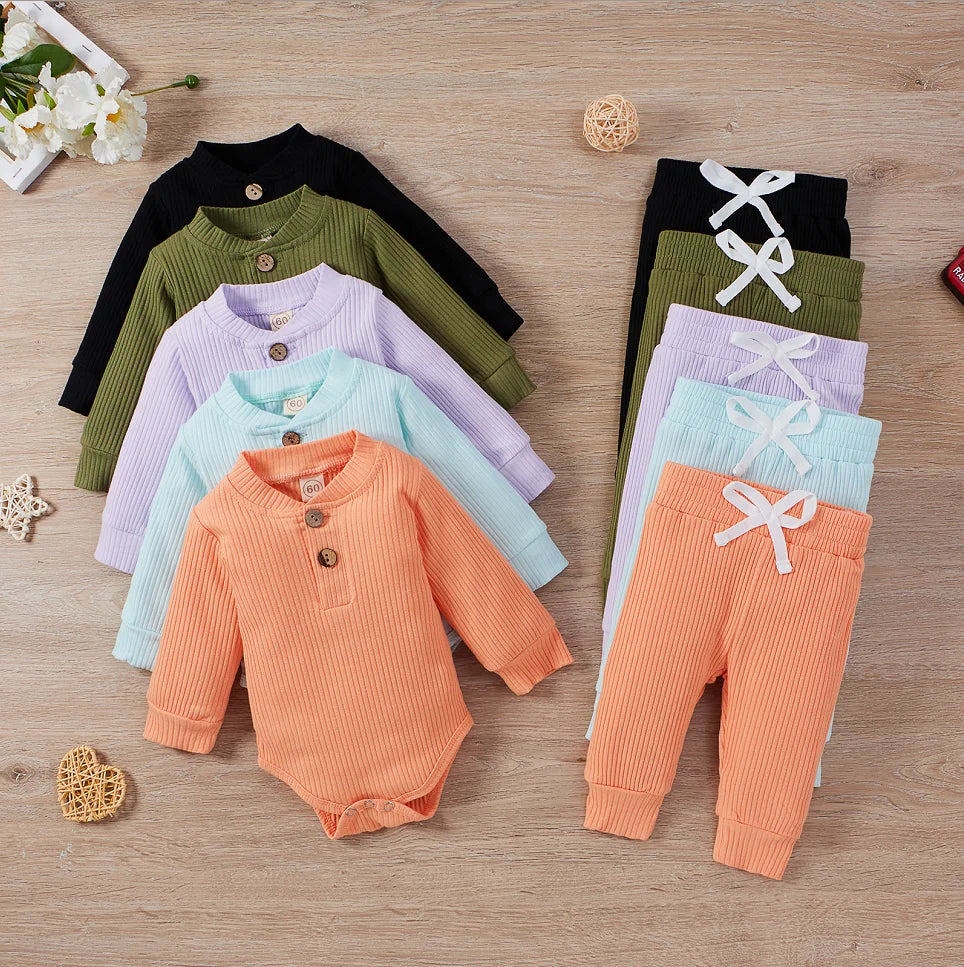 Baby girl and boy spring/autumn ribbed and plaid long sleeve bodysuits with elastic pants, I YAN 2-piece clothing set for infants.
