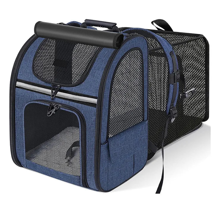 Expandable cat carrier backpack by I YAN with shade cover and breathable mesh for travel with cats and small dogs.