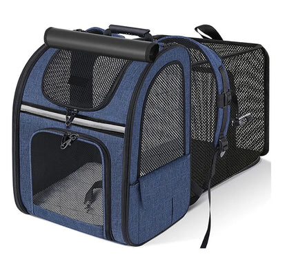 Expandable cat carrier backpack by I YAN with shade cover and breathable mesh for travel with cats and small dogs.