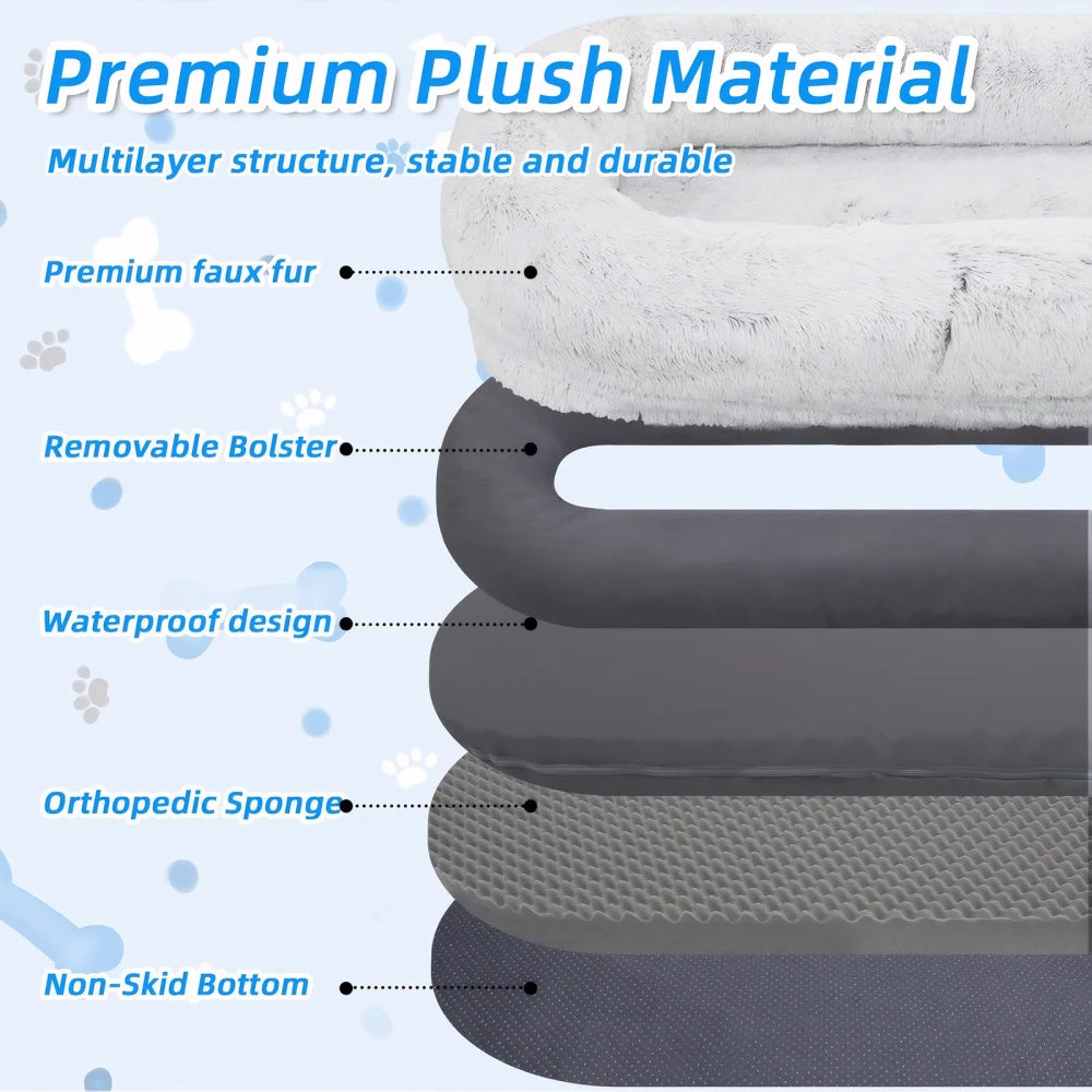 Grey I YAN Ye Human Dog Bed with washable faux fur, orthopedic design, 71x45x14 inches, suitable for pets and humans.