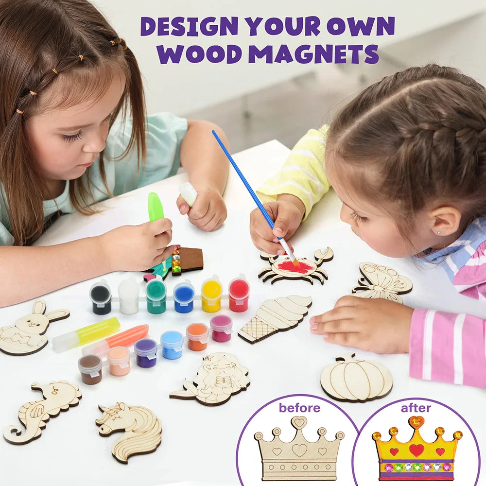 DIY wooden magnets craft kit for kids by I YAN, glow-in-the-dark arts supplies with painting options for fun Christmas party favors