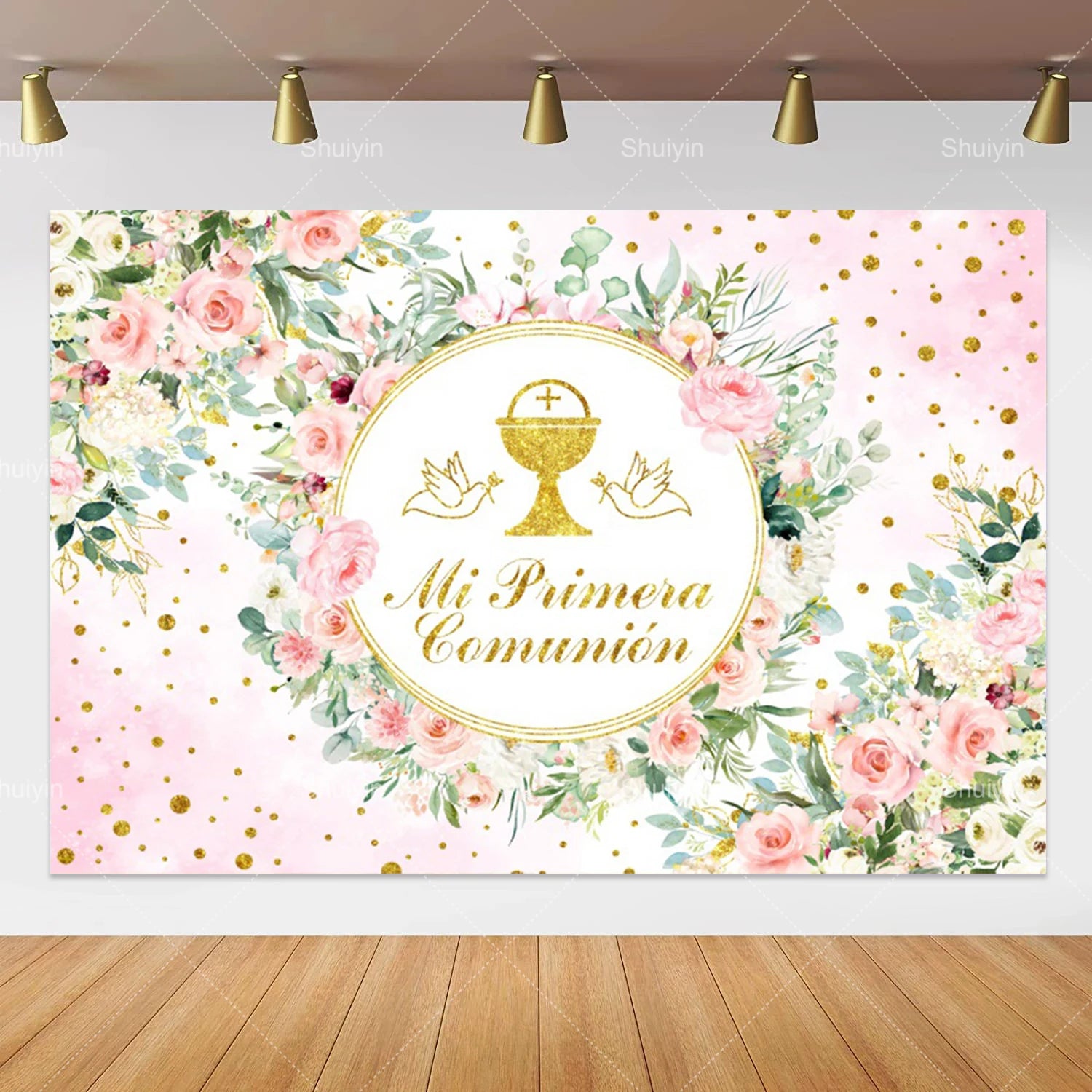 Boy Girl First Communion Backdrop Gold Cross Grail God Bless Baptism Party Decor Background Christening Baby Shower Photo Props