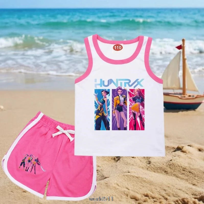 KPop Demon Hunters Rumi Teens Clothes Summer T shirt Baby Girls Sleeveless Vest Top Shorts 2pcs Set Children Clothing 1-13 Years