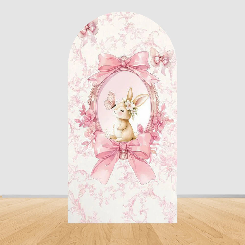 Easter Bunny Rabbit One Birthday Arch Backdrop Cover Pink Dress Floral Bowknot Sweetheart Girl Cake Party Decor Photo Wall