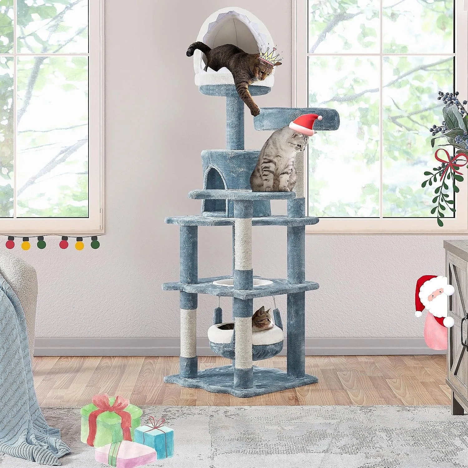 61in Ocean Cat Tree Tower with Shark Mouth Nest, Fish Platform, Sisal Posts, Plush Bed