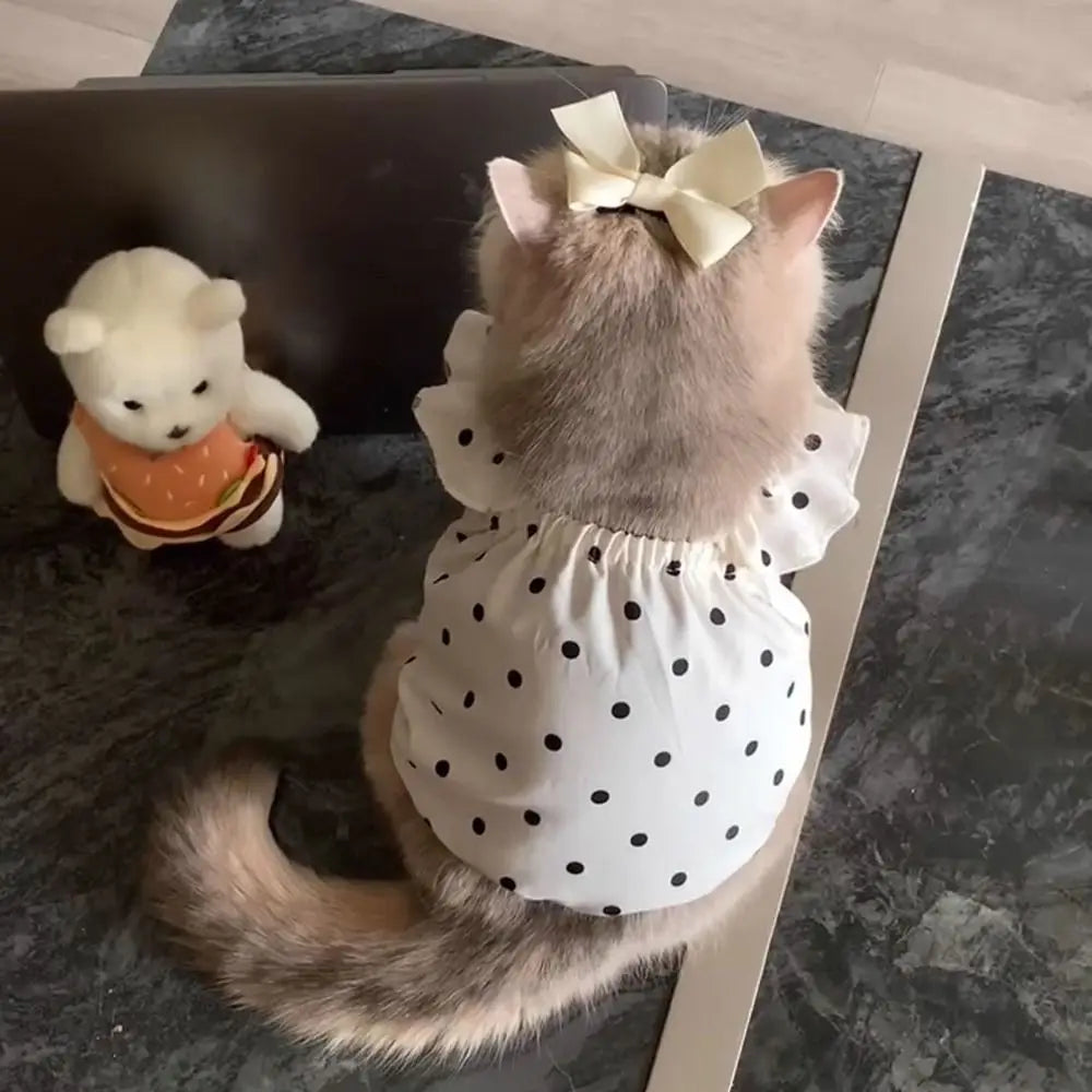 Yellow sleeveless dot pet dog dress by I YAN for small dogs like Chihuahua, Bichon, and French Bulldog, featuring a slim summer style.