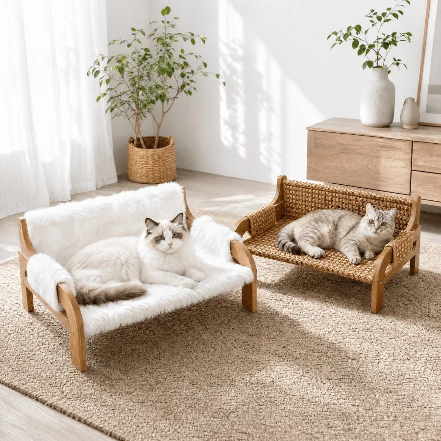 Cat Sofa Bed for Indoor Cats, Elevated Cat Couch with Wooden Frame, Washable Fluffy Cushion, Cooling Mat Cushion, Raised Pet Be