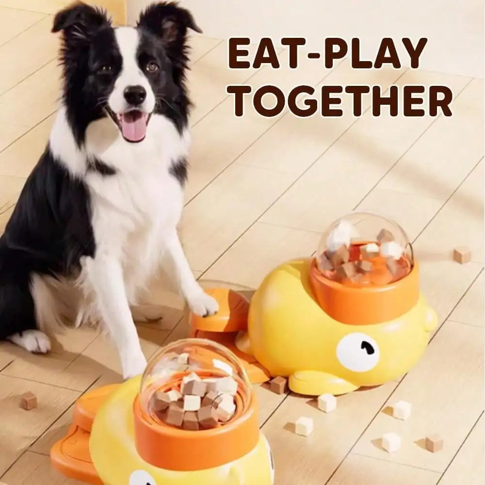 Yellow duck-shaped 2-in-1 dog slow feeder bowl and puzzle toy by I YAN, designed to promote healthy eating and treat dispensing.