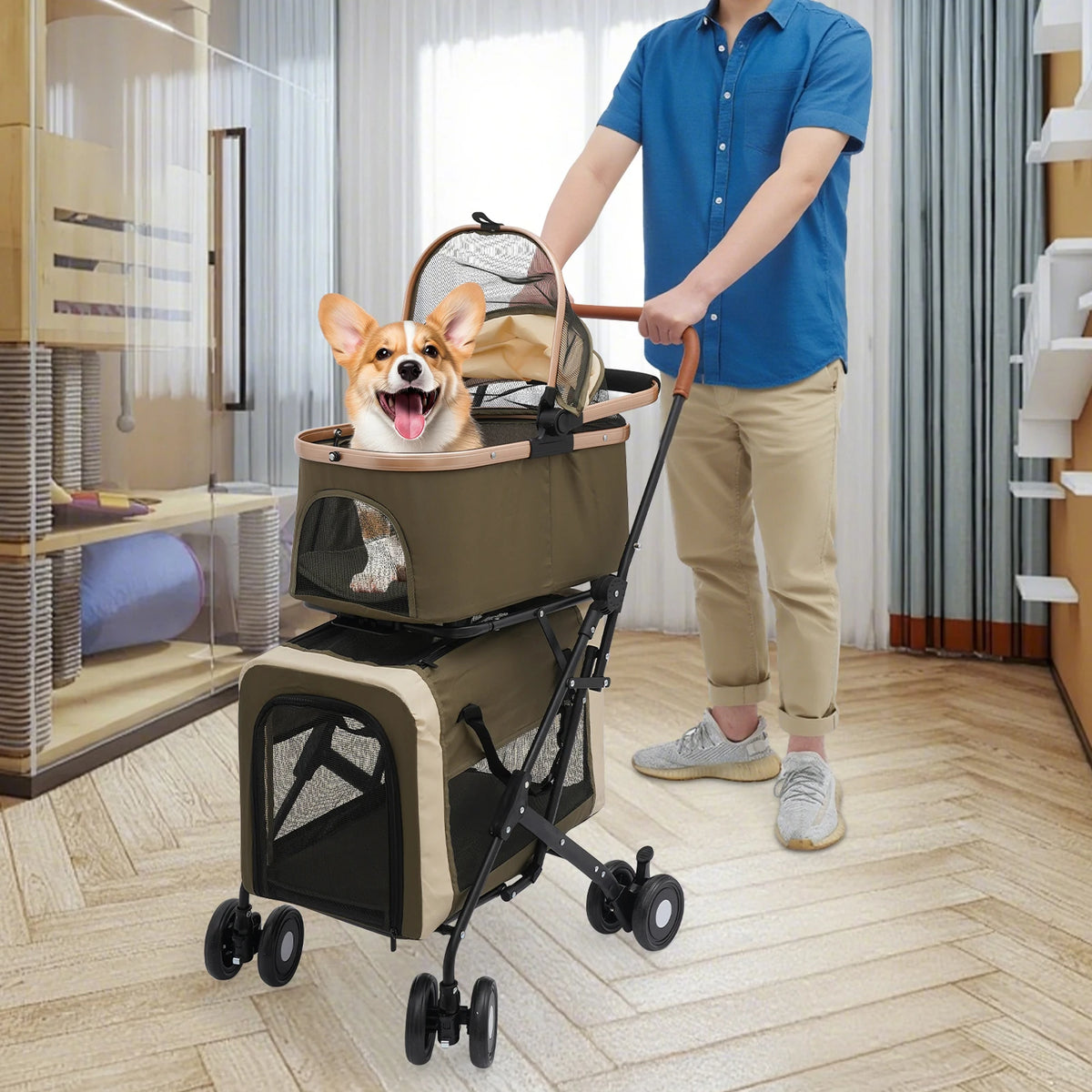 Foldable I YAN pet stroller with sunshade, cushions, safety locks, and two-tier design for small to medium pets.