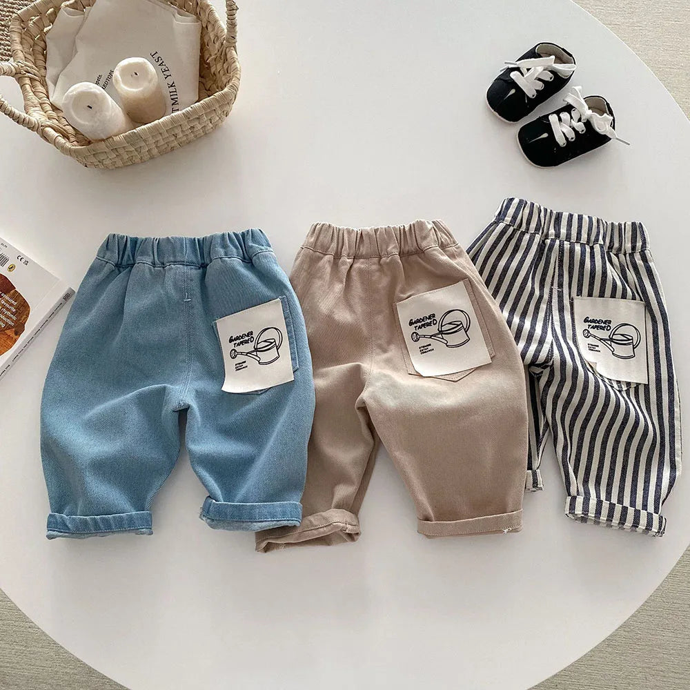 2026 Spring New 1-5Y Children Jeans Boys Denim Pants Mid Waist Girls Trousers Fashion Kids Plaid Pants