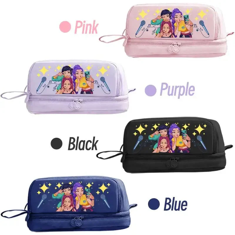I YAN Kpop Demon Hunters pencil case, double-layer anime stationery bag with Demon Hunters design, ideal for kids' school supplies.