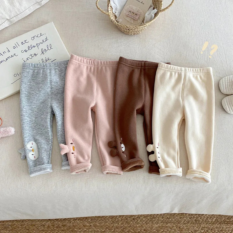 Winter Kids Girls Leggings Cotton Ears Plus Velvet Infant Baby Girls Tight Casual Elastic Waist 0-5Y Toddler Girls Basic Bottoms
