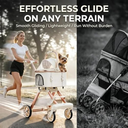 I YAN all-terrain pet stroller for small and medium dogs and cats, lightweight with one-touch brake and 20 lbs capacity.
