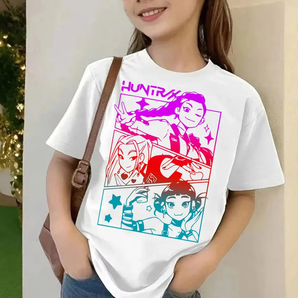 Movie KPop Demon Hunters T-shirt Summer Short Sleeve Tee for Children Casual Loose Girl Boy Graphic Printed Tops
