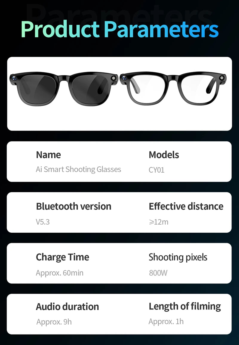 New AI Smart Glasses 800W HD Camera Black Technology Image Translation Chat GPT Video Call Photo Waterproof For Men Women New