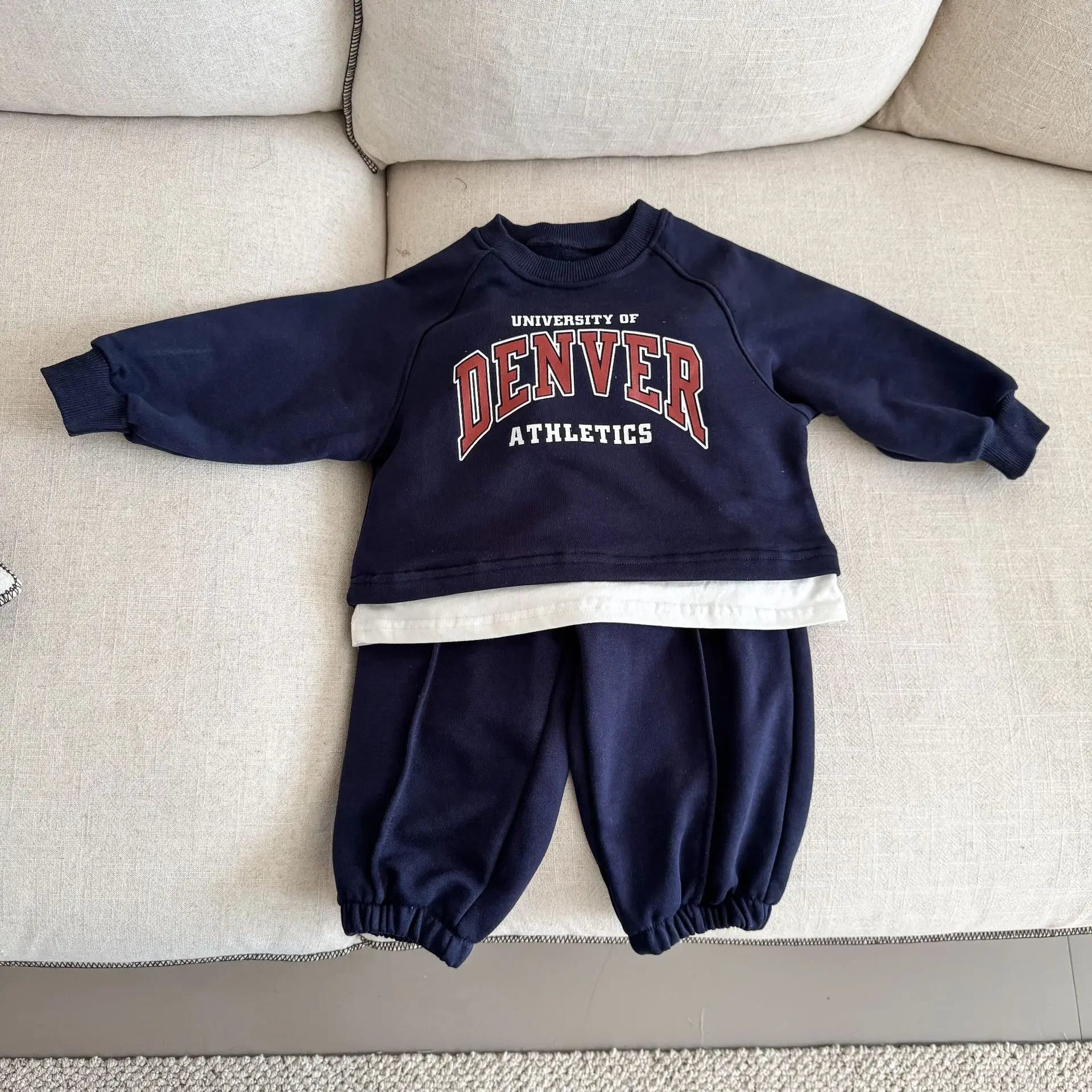 Kids Tracksuit Set Retro College Print Fake Two-Piece Sweatshirt Pants 1-10Y Baby Boys Girls 2026 Spring Autumn Casual Clothing