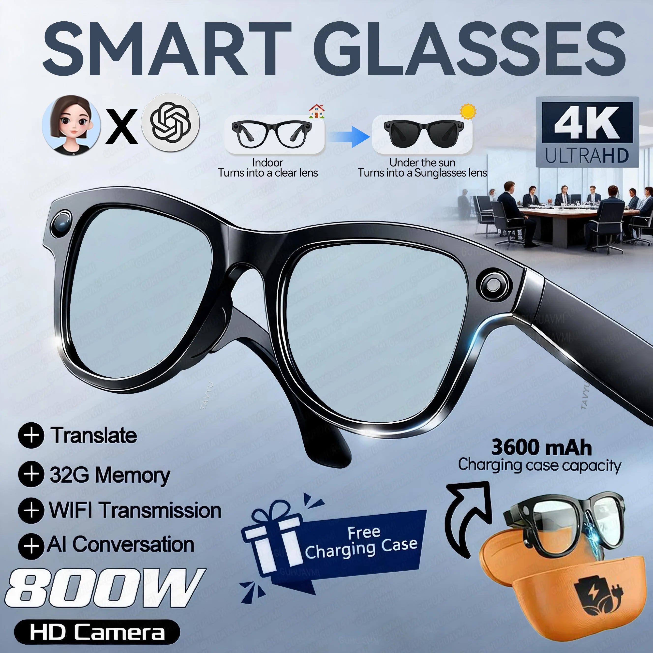 2026 Smart AI Glasses 4K 800W Camera 3600mAh Power Bank 32GB Memory 120+ Translation ChatGPT Music Photos &Video Sunglasses Men
