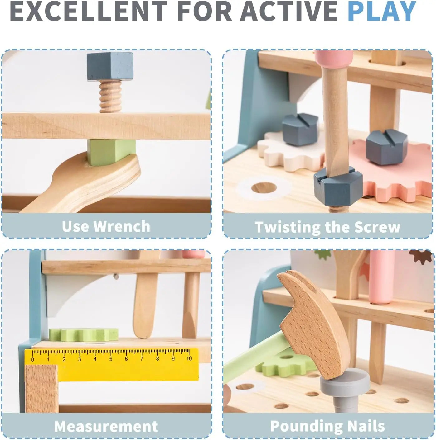 Mini wooden robotime tool bench set with toy tools for kids, educational pretend play construction and building fun for boys and girls