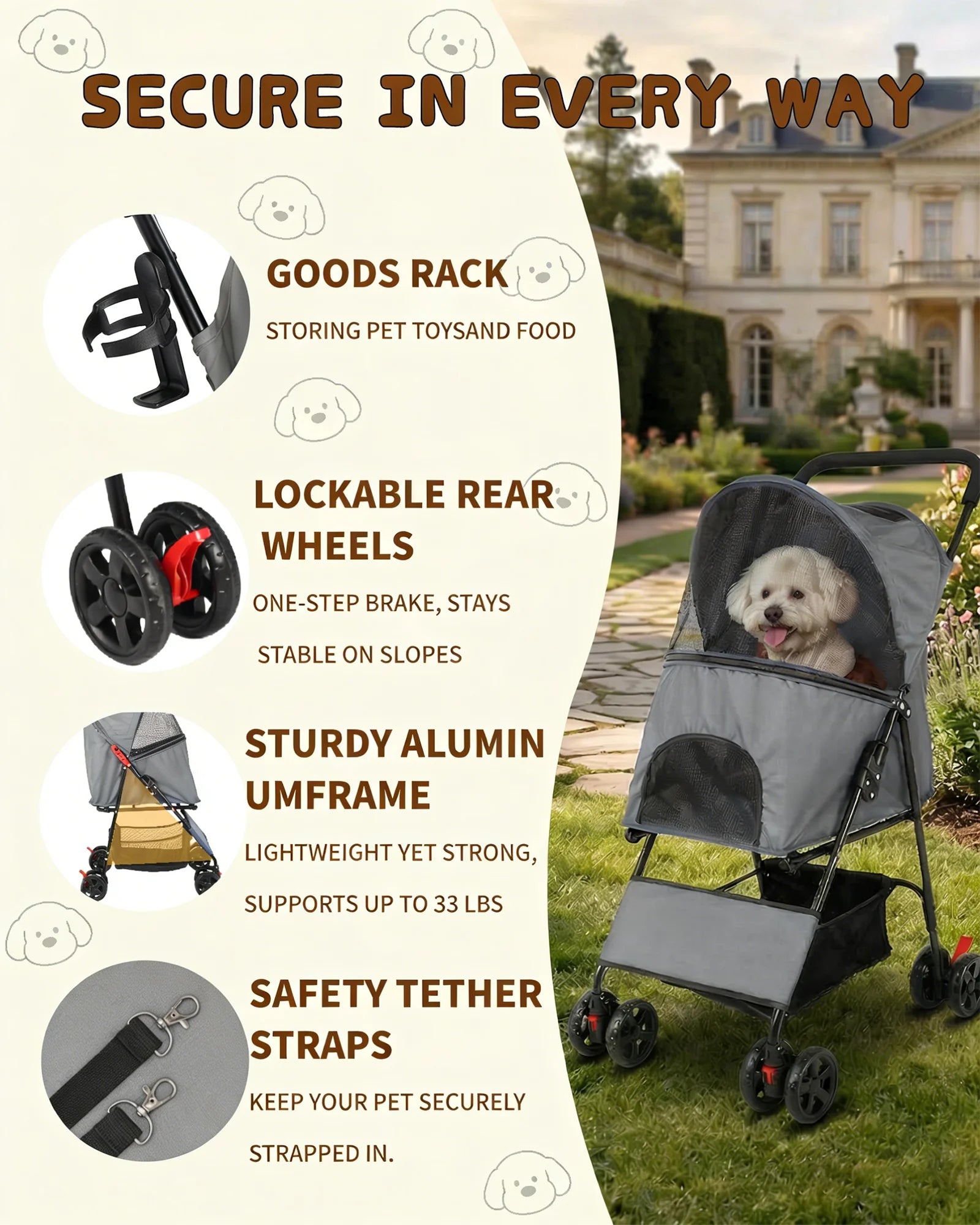 Foldable Pet Stroller Lightweight 4 Wheel Dog Stroller for Small Dogs Cats Portable Travel Pet Cart with Breathable Mesh
