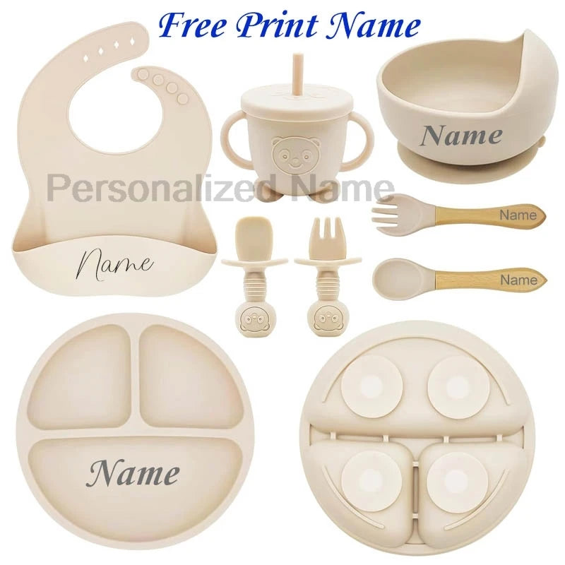 Personalized Baby Feeding Set 8-Piece – Silicone Plate Bowl Cup & Bib with Free Name Print - I YAN