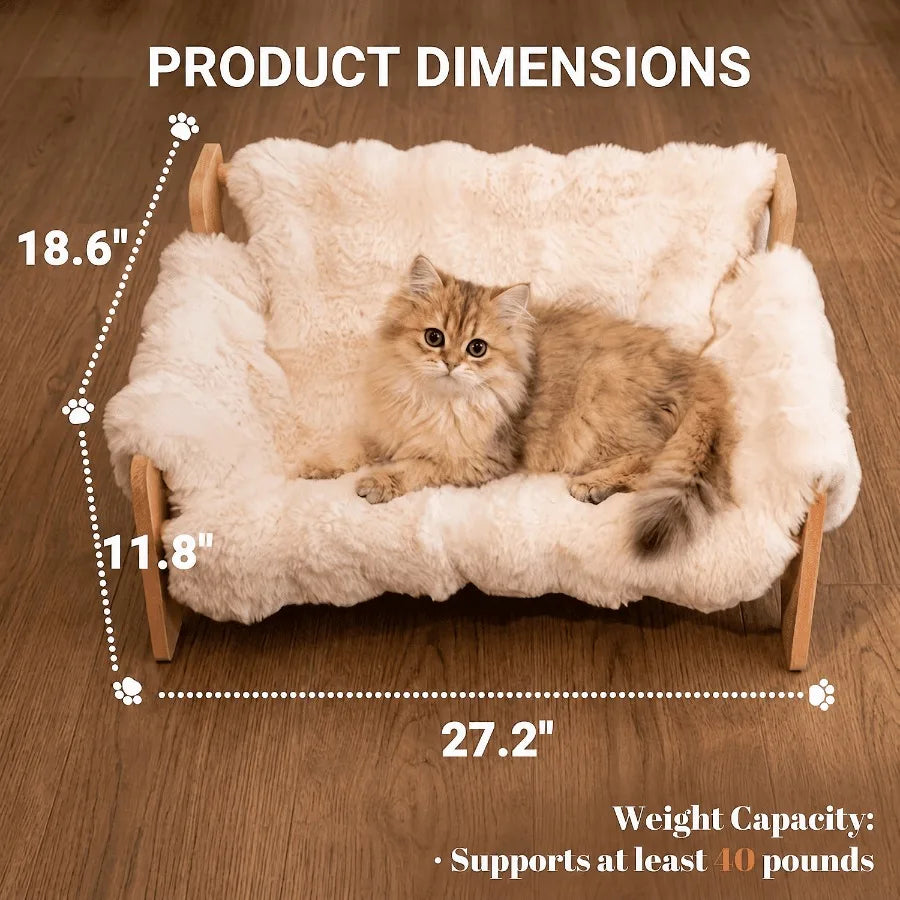 Cat Sofa Bed for Indoor Cats, Elevated Cat Couch with Wooden Frame, Washable Fluffy Cushion, Cooling Mat Cushion, Raised Pet Be