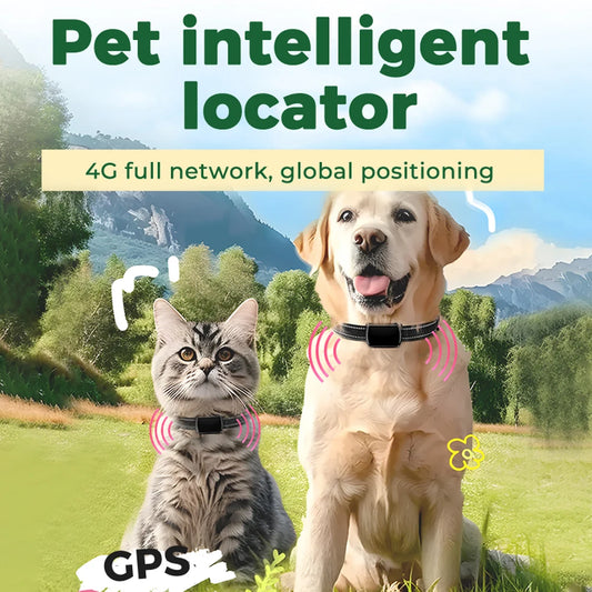 I YAN Pet GPS Tracker with adjustable collar for cats and dogs, showing the compact device attached to a pet's collar.