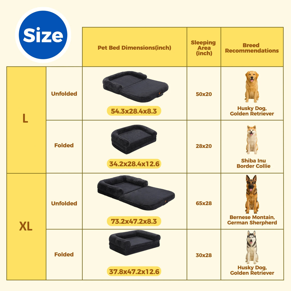Foldable I YAN plush dog bed with non-slip bottom, washable pet sofa for large dogs, suitable for adults and kids.