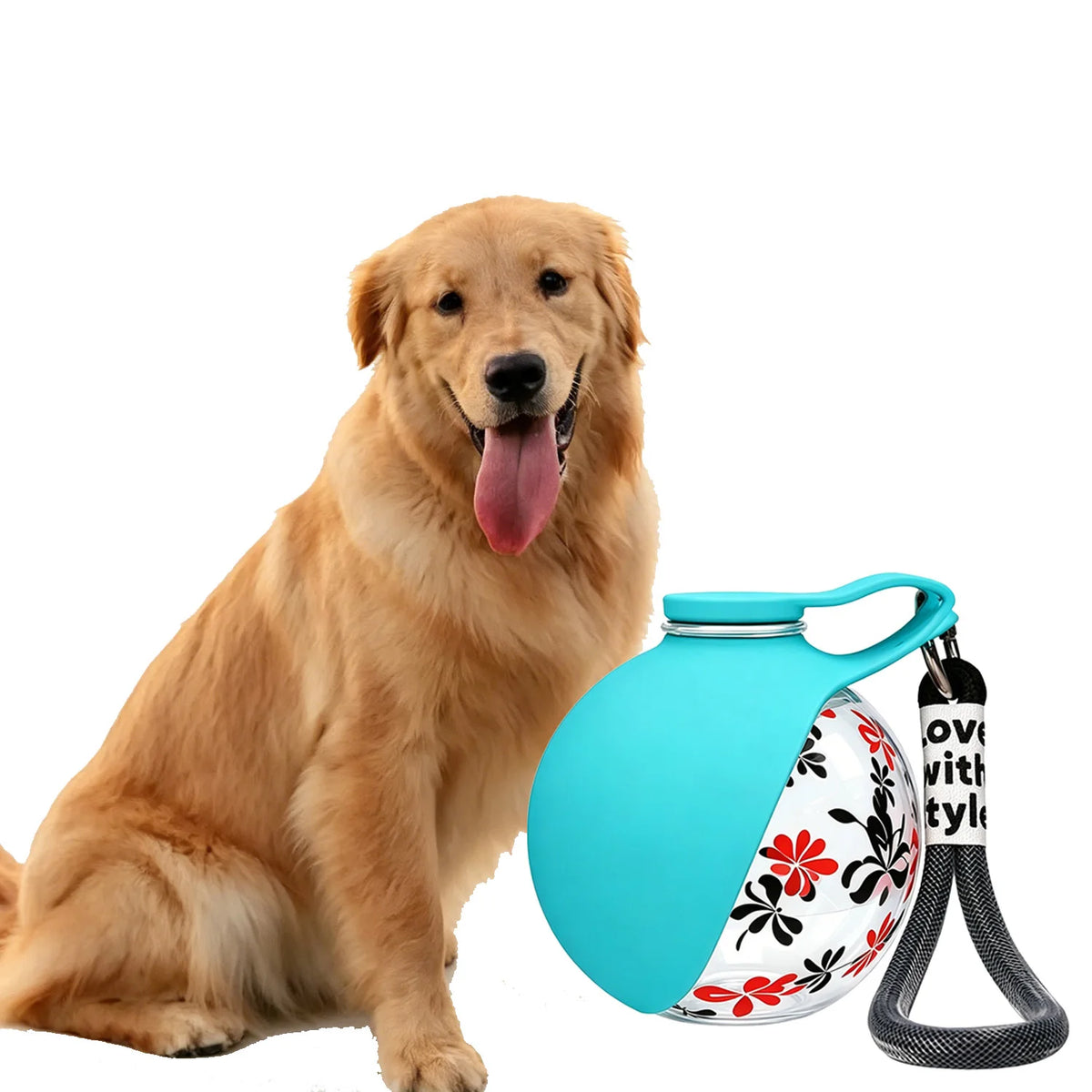 I YAN portable pet water bottle with detachable bowl, leak-proof travel dispenser and wrist strap for easy pet hydration on the go.