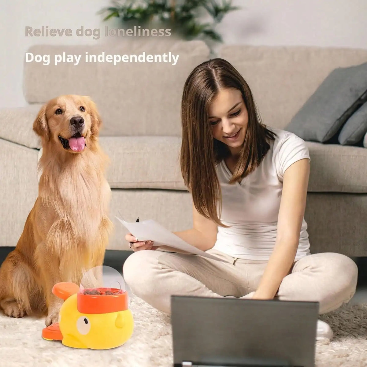 Yellow duck-shaped 2-in-1 dog slow feeder and food puzzle toy by I YAN, designed to promote healthy eating and treat dispensing.