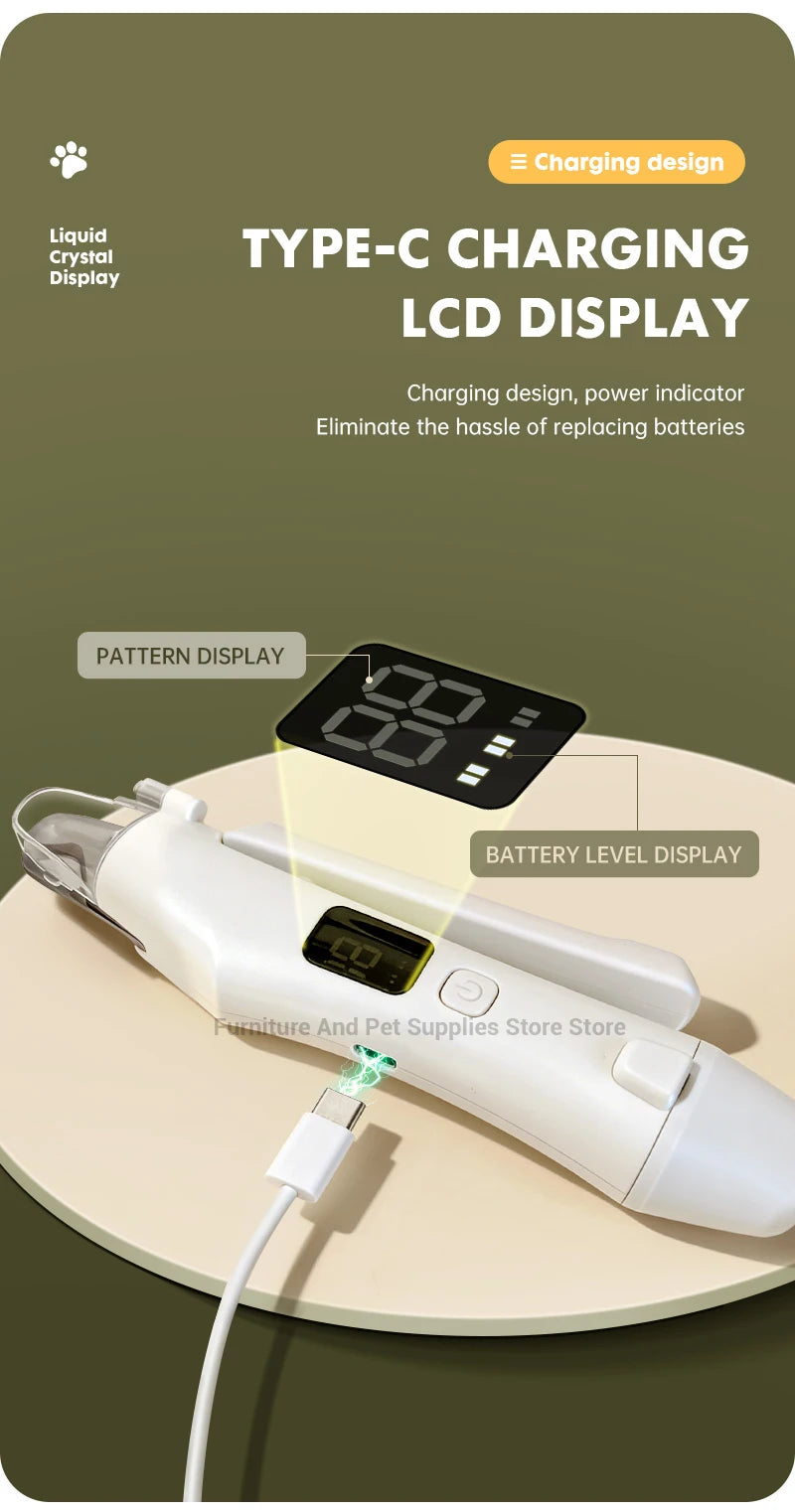 I YAN 2-in-1 electric pet nail trimmer with LED lights, suitable for small to large dogs and cats, showing grinding and trimming features.