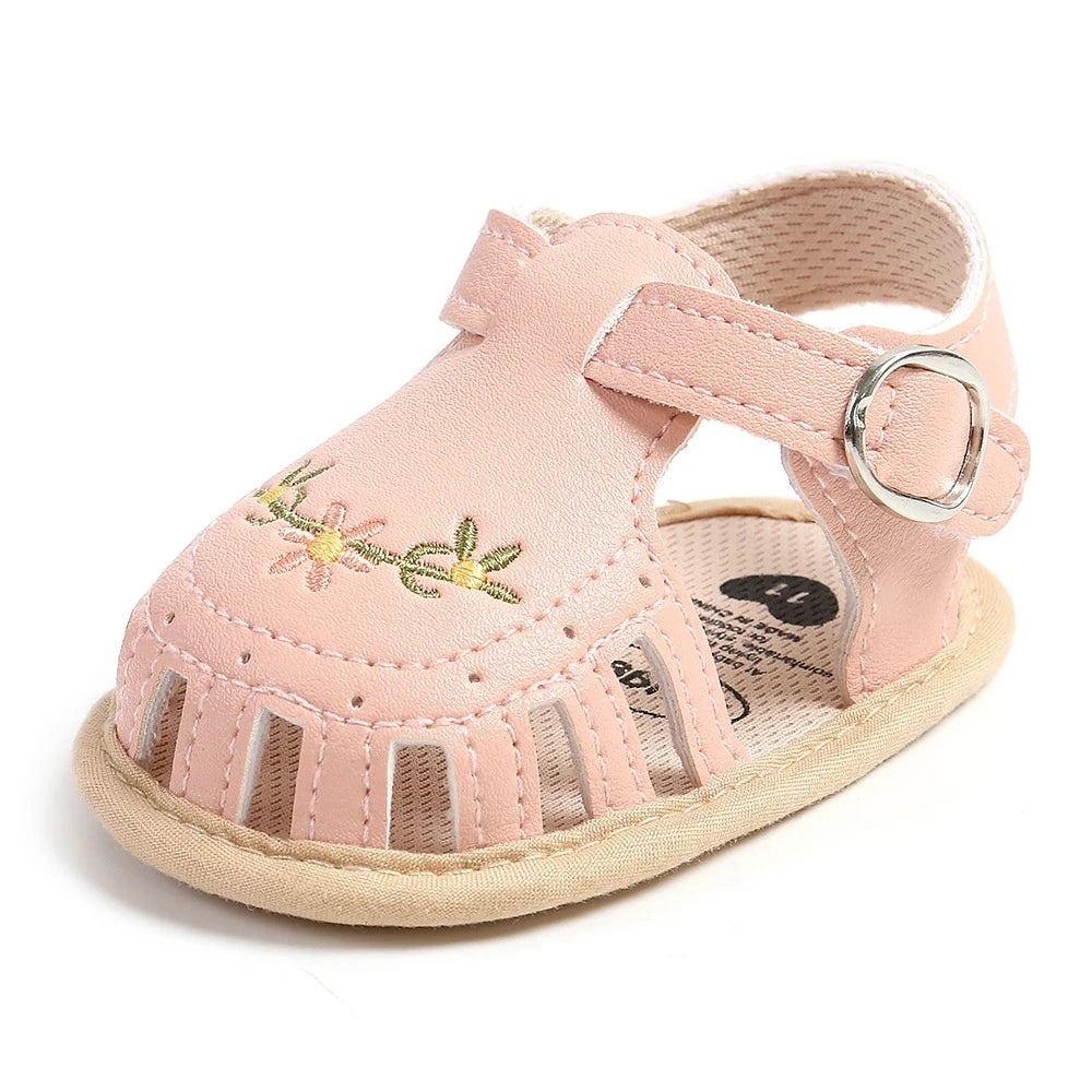 Newborn Baby Girl Sandals Summer Embroidered Leisure Comfortable Lightweight Floral Soft Sole Wrap Toe Sandals For 0-18M