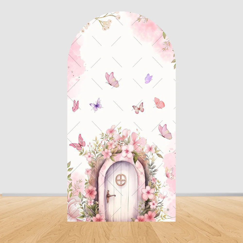 Fairy Woodhouse Arch Backdrop Cover Girl Birthday Party Baby Shower Pink Floral Butterfly Arch Background Photography Decoration