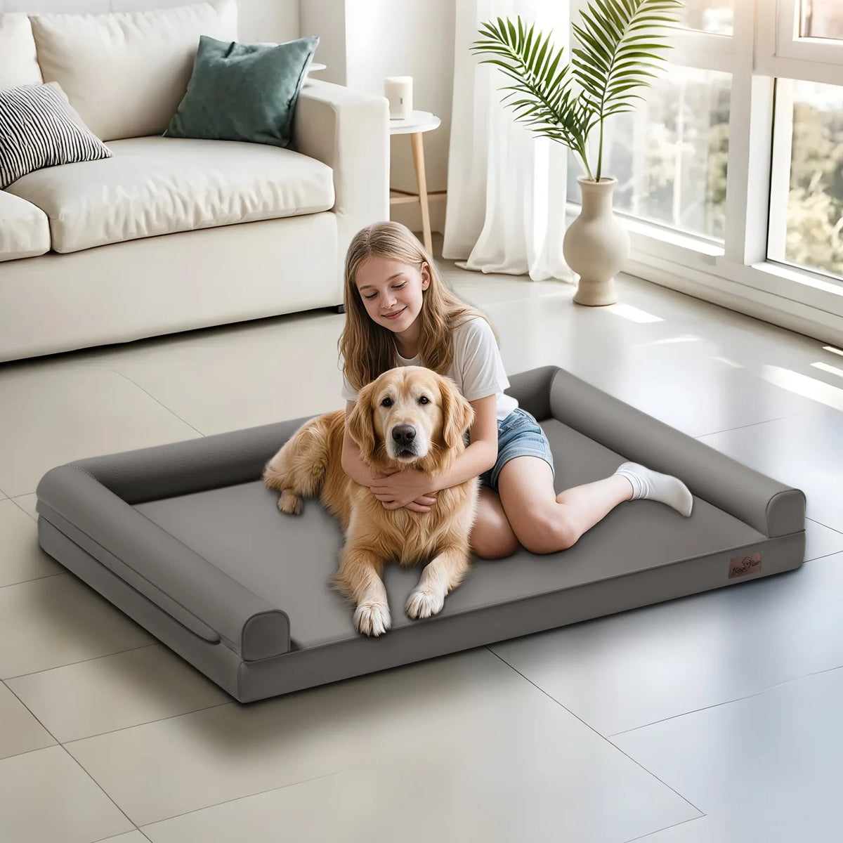 I YAN M-2XL indoor orthopedic dog bed with microfiber leather cover, supportive bolster pillow, ideal for all breeds.
