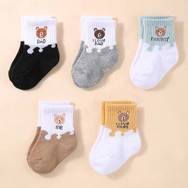 Set of five I YAN Baby Bear Family Socks featuring cute cartoon bear designs for newborns and toddlers.