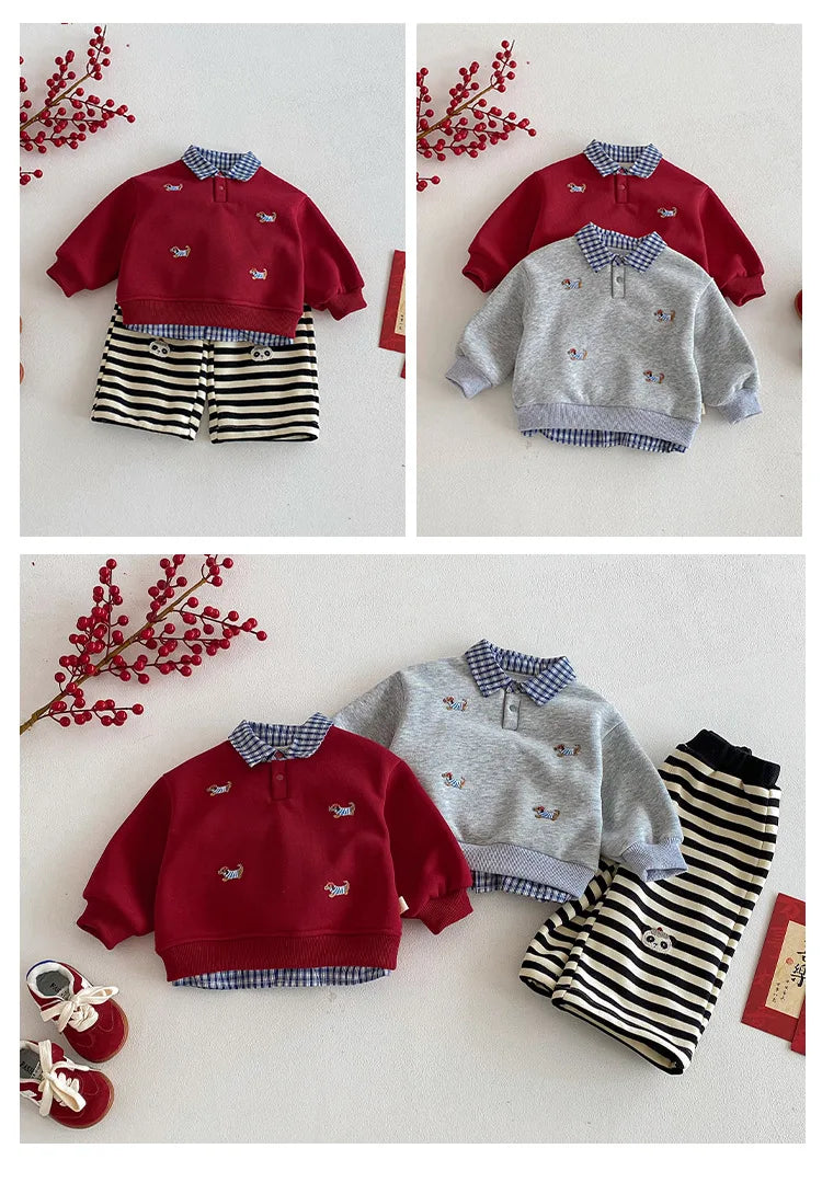 Children's Hoodie 2025 New Winter Boys' Fashionable Lapel and Fleece Pullover, Baby Red New Year's Clothing