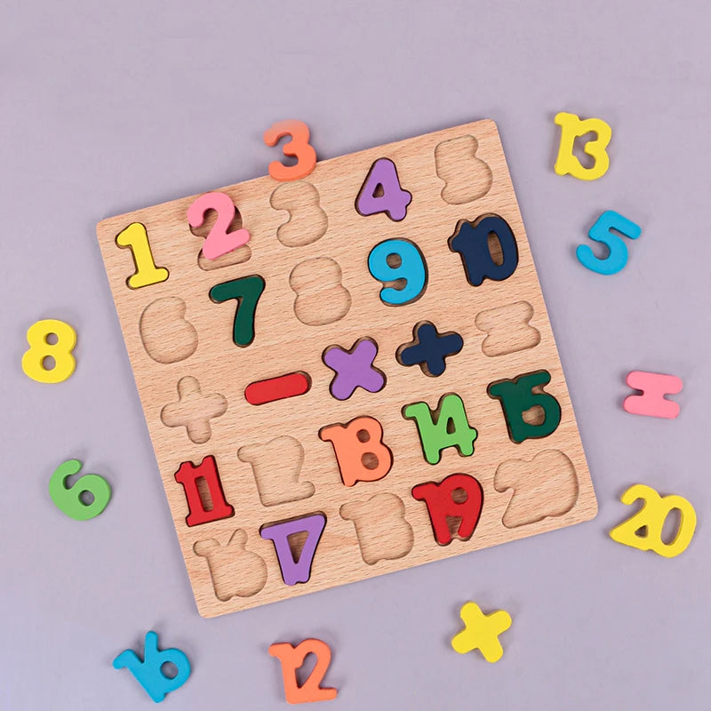 Wooden Montessori kids puzzle with alphabet, numbers, shapes, and arithmetic symbols for preschool learning by I YAN.