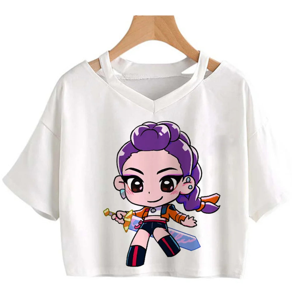 Kpop Demon Hunters Girls O-Neck Casual Women Summer Shirts Crop T-shirt