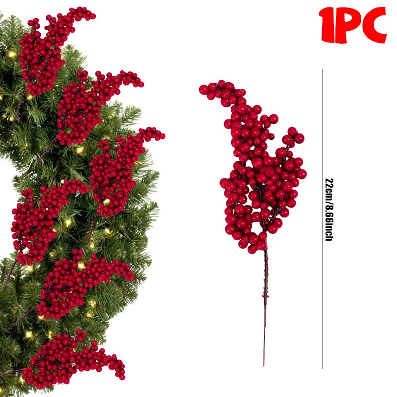1/60PCS Christmas Red Berries Branch Artificial Holly Berry Stamen Flowers Wreath for Tree Ornaments New Year Party Home Decor