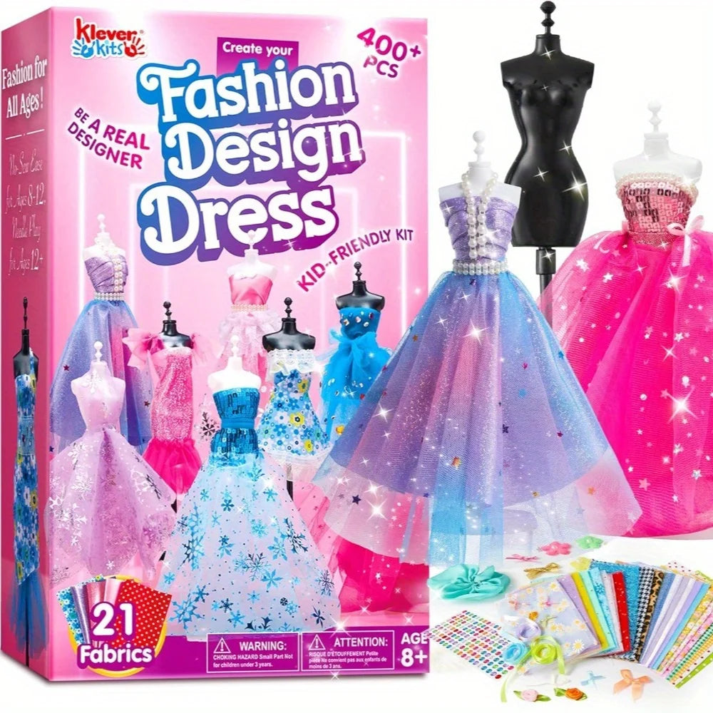 JOYFY 400+pcs fashion design craft kit with sewing supplies, three mannequins, for kids aged 8-12 in vibrant colors