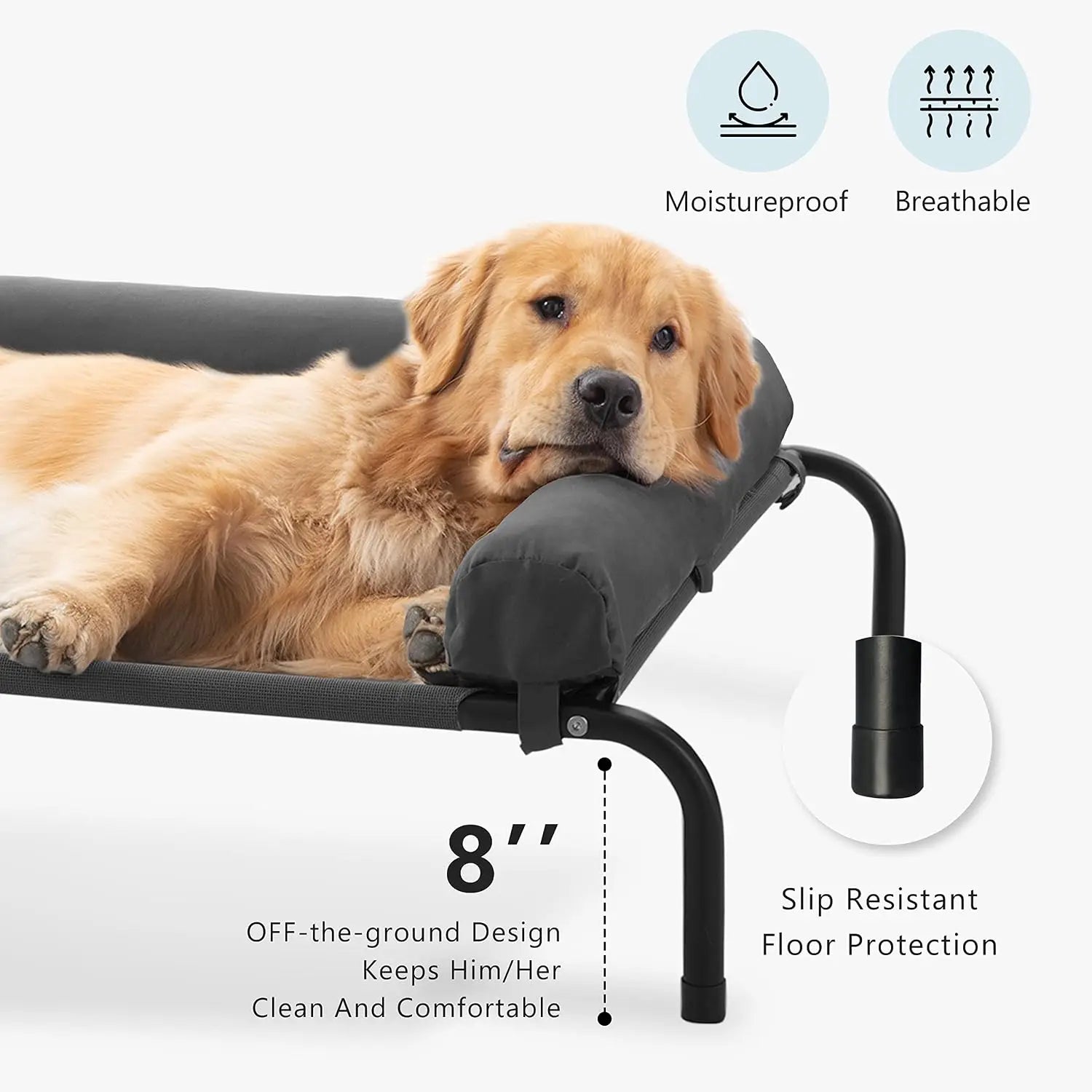 Elevated Cooling Dog Bed for Large Dogs, Portable Indoor Outdoor Raised Cot with Breathable Mesh, Chew Proof Pet Hammock, Removable Waterproof Bolsters