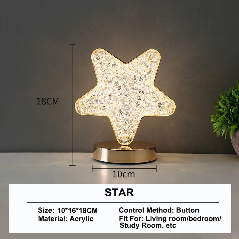 3D Crystal Touch Control LED Night Light for Kids Bedroom - USB Rechargeable Color Changing Square Star Moon Shapes Lamp